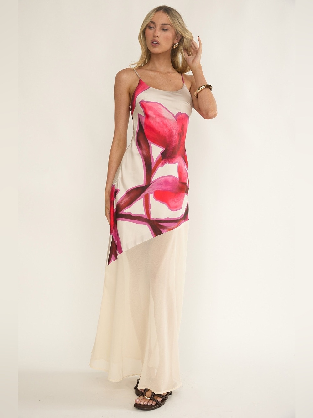 NWT HERE COMES THE SUN Gilded Dream Chiffon Hem Maxi Dress Print Beige, sz S
